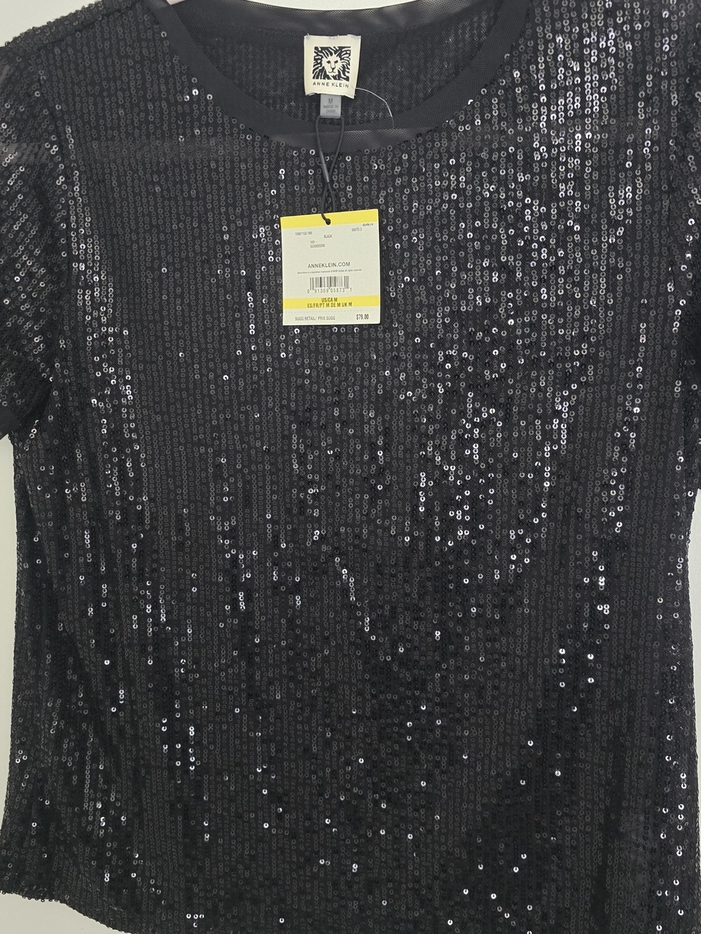 Anne Klein Black Sequin Crewneck Top